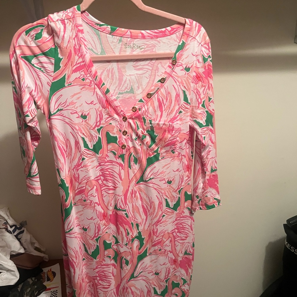Pink and Green Flamingo Print Dress